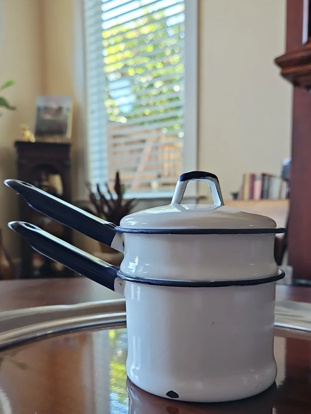 VTG 1940s White Enamelware 3-Piece Boiler Pot Cobalt Blue Trim
